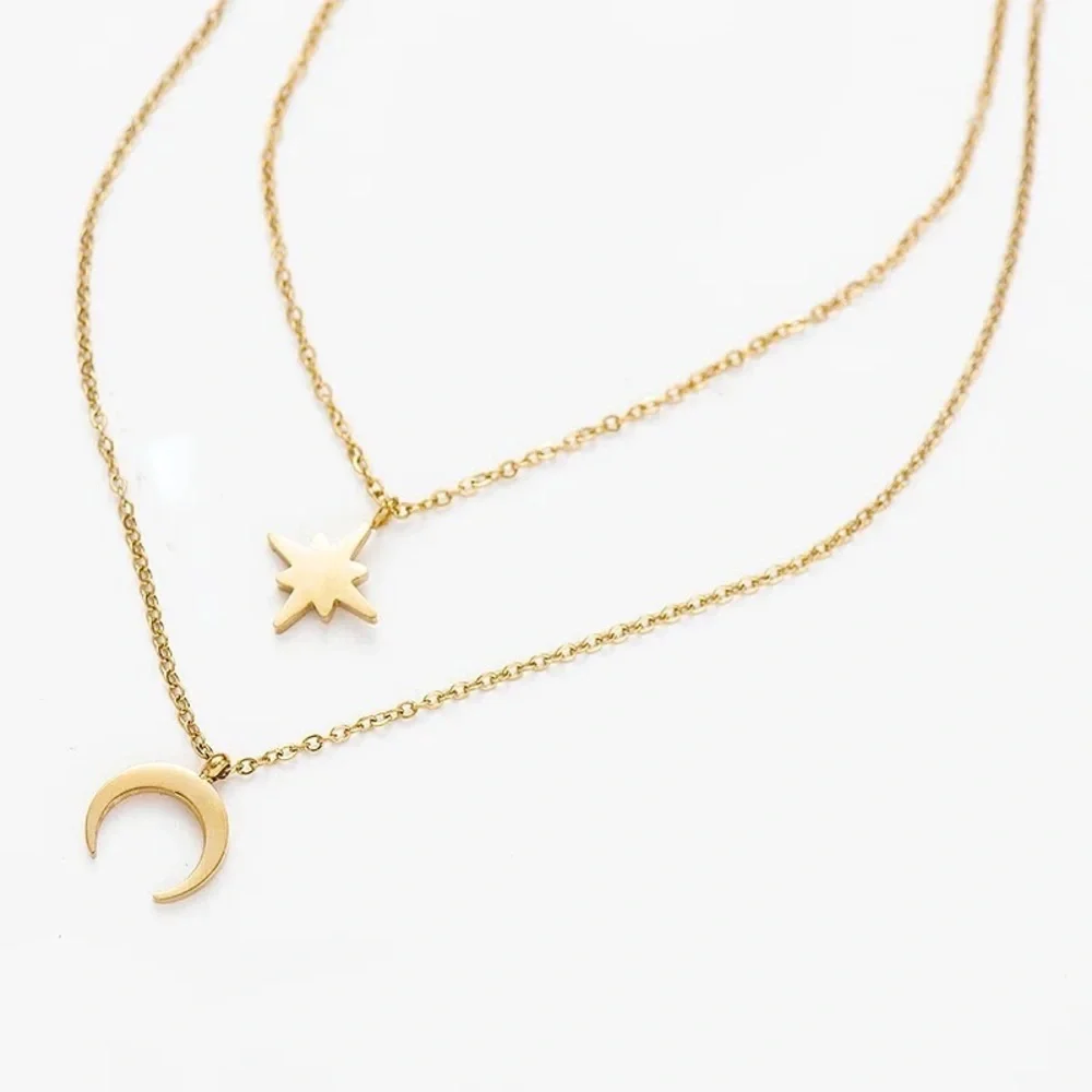 18K Gold Plated Moon Star Layered Necklace - Picture 5 of 11